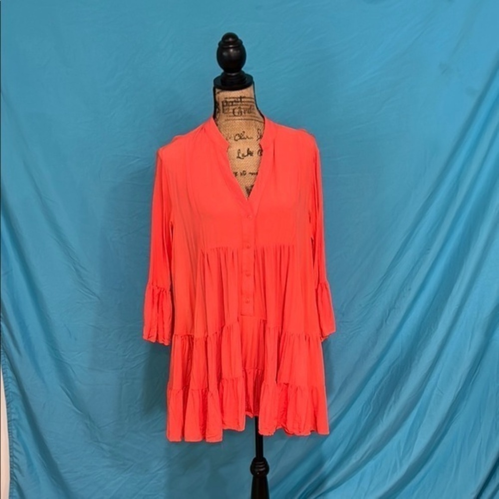 Women's Boho Coral Button Down Mini Dress/ Beach Coverup/ Tunic